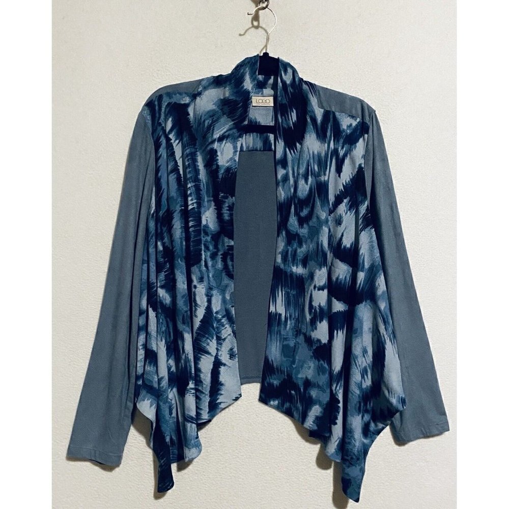 LOGO Lori Goldstein Jacket Womens Large Blue Watercolor Print Faux Suede Drapey